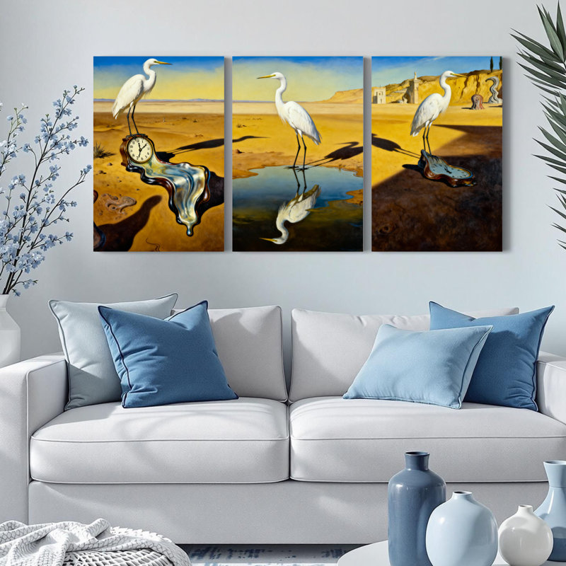 Ensemble de 3 tableaux sur toile tendue représentant un héron blanc surréaliste et une horloge en train de fondre