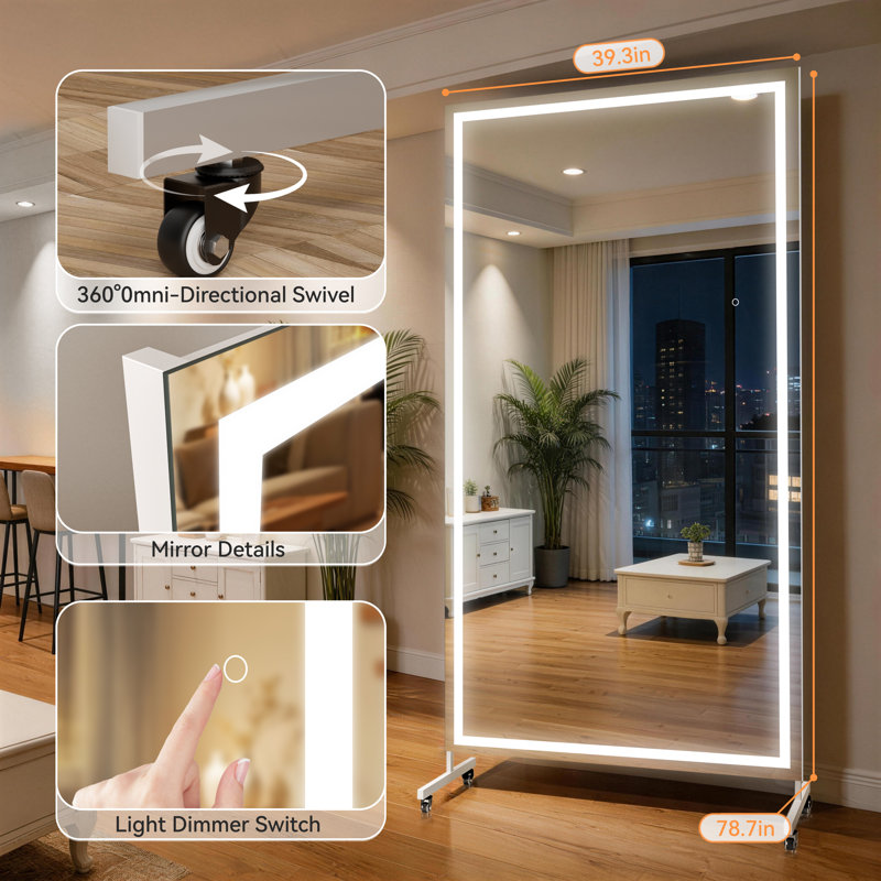 Miroir pleine grandeur 79 po x 40 po sur roulettes avec éclairage à DEL - intensité variable chaud / naturel / froid, verre trempé incassable, fixation murale, miroir à roulettes pour la gymnastique à domicile, le maquillage, le yoga et le studio