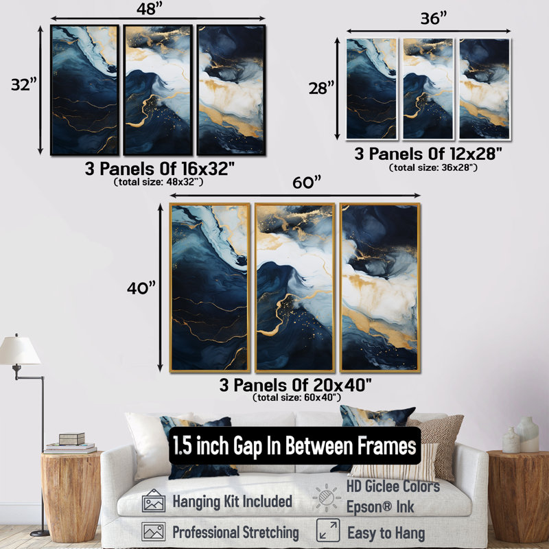 Or et bleu, peinture abstraite sur marbre IV - décoration murale en marbre, H 32 po x l 48 po x P 1 po, Encadrement argenté