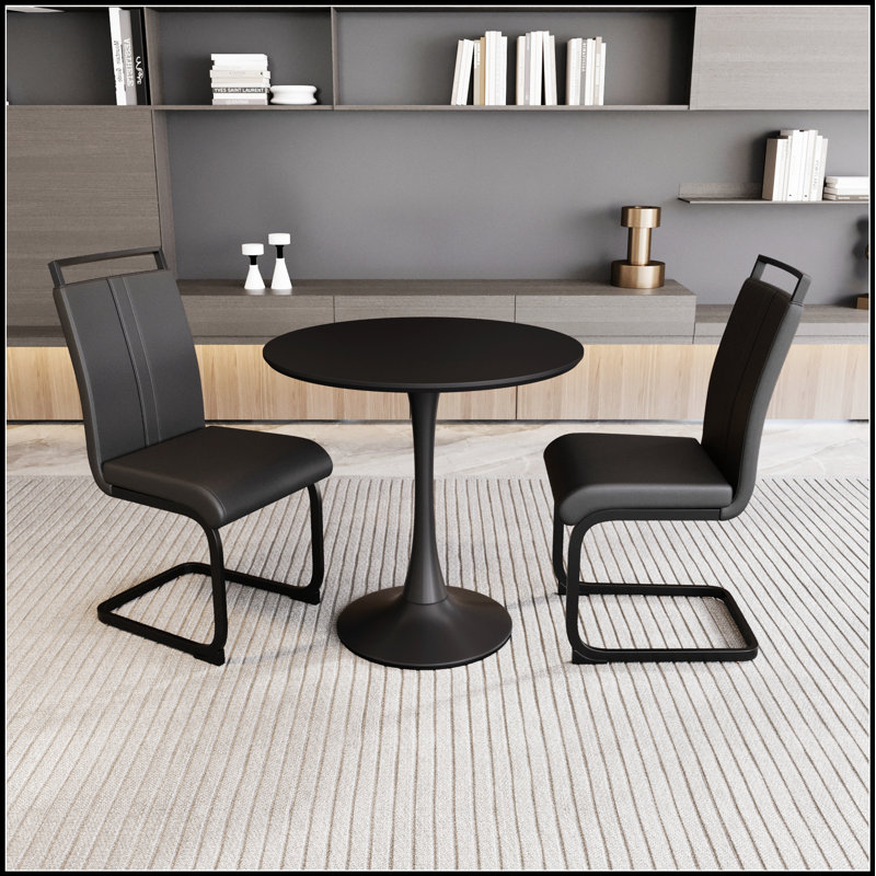 Élégante table de salle à manger circulaire de 31,5 pouces avec plateau en panneau de fibres à densité moyenne, base tulipe et 2 chaises en cuir PU pour les maisons modernes