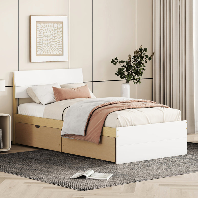 Lit simple avec tête et pied blanc brillant - 2 tiroirs de couleur chêne pour un meilleur rangement, Blanc / Chêne clair