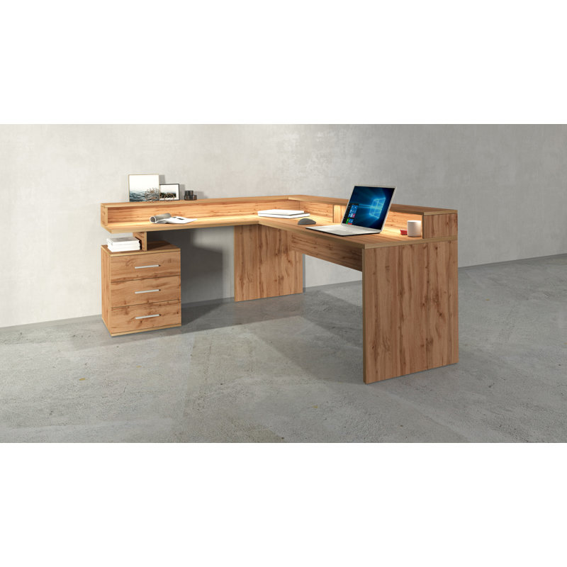 Basim L-Shaped Computer Desk, Brown