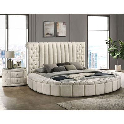 Grand lit de rangement rond, rembourré, confortable, capitonné, accents de boutons en acrylique, ports de charge, lit tapissier glamour avec rangement, charge, style décoratif moderne