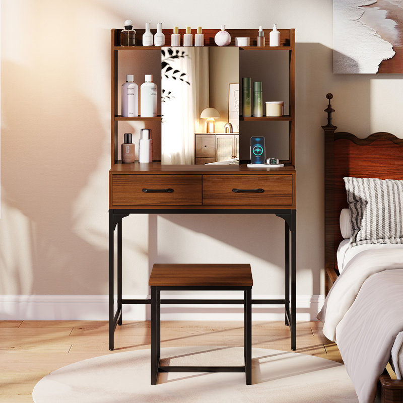 Ensemble de meuble-lavabo avec armoire de maquillage avec coiffeuse et miroir 2 tiroirs, Noyer