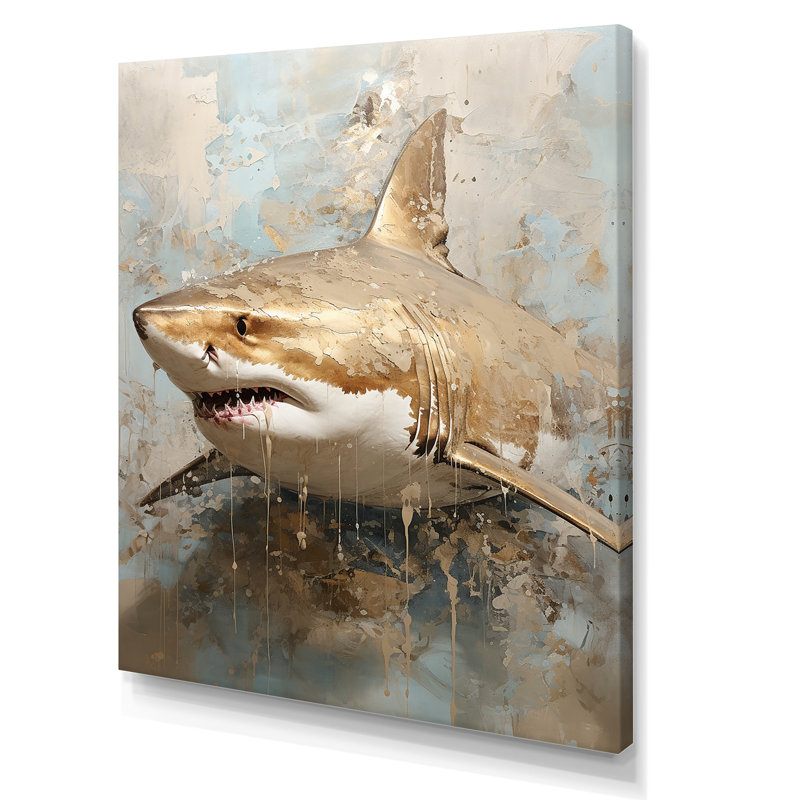 " Minimalism Shark Painting In Golden Beige ", 44" H x 34" W x 1.5" D, Wrapped Canvas