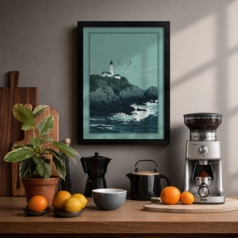 Lighthouse on the Rocks Coastal - Framed Print, A1 - 84.1 x 59.4 cm, Black
