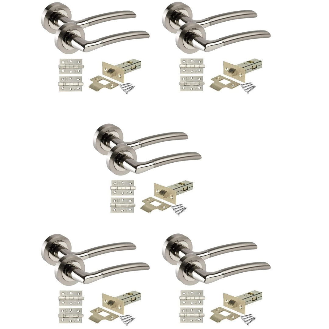 5 Pairs Indiana Style Modern Door Handles Lever Latch on Round Rose with Latches and Ball Bearing Hinges