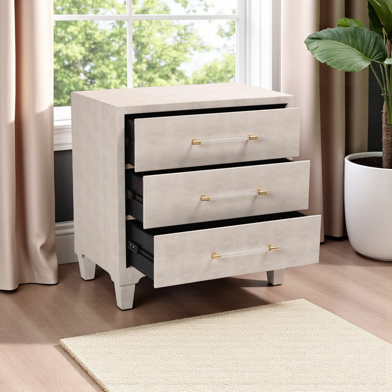 Aishu Beige Finish 3-Drawer Storage Cabinet In Faux Shagreen, 28.66" H X 27.74" W X 17.37" D