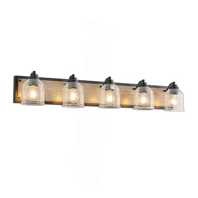 Luminaire de meuble-lavabo de ferme, applique murale pour salle de bain avec abat-jour en verre bullé transparent, finition grain de bois et noir, design industriel moderne pour salle de bain ou salle d'eau (sans ampoules)