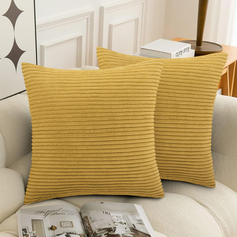 Striped Crushed Velvet Cushion Cover (Set Of 2) , Ochre
