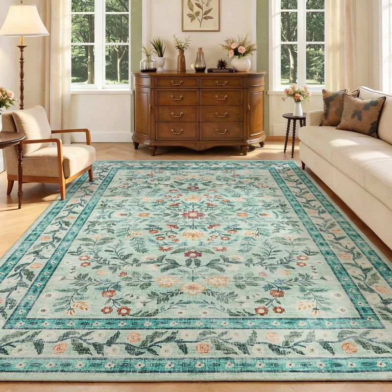 8x10 ft Washable Botanical Area Rug for Living Room - Modern Foliage Leaf Print Carpet, Soft Velvet, Non-Slip TPR Backing, Machine Washable, Light Green