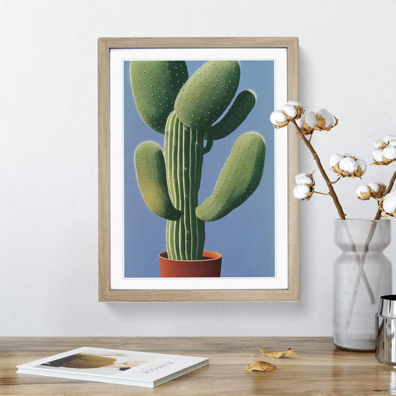 Cactus Plant - Print, White, Oak Framed, 66cm H x 48cm W x 2cm D