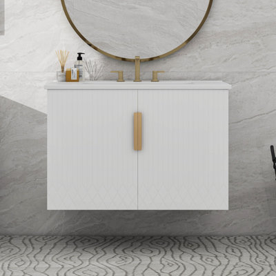Meuble-lavabo de salle de bain cannelé 30 po avec lavabo, meuble-lavabo mural moderne flottant avec 2 portes et tablette réglable