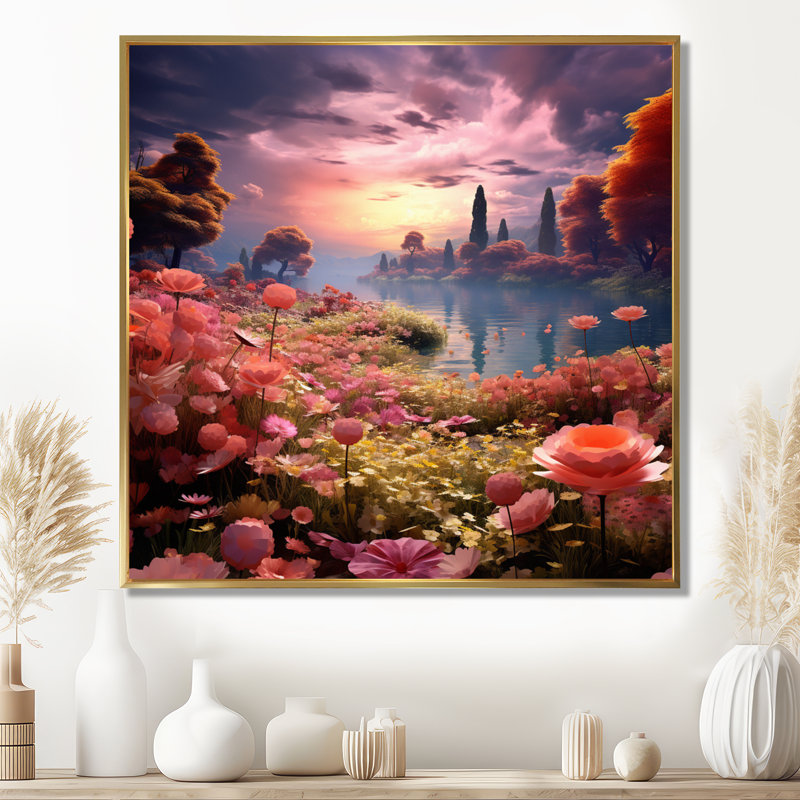 Fleur rose, rivière dans la forêt II - Fleurs, art mural, Toile avec cadre flottant or, H 16 po x l 16 po x P 1 po