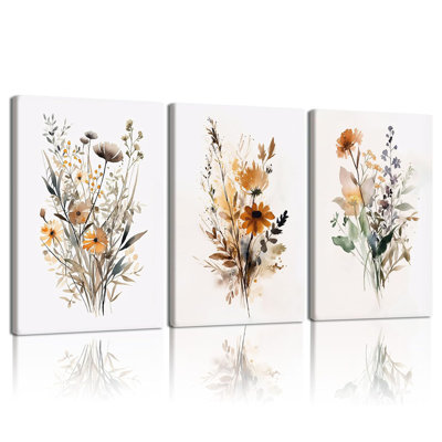 3 pièces Boho Wildflower Wall Art aquarelle botanique, peinture sur toile, neutre, décoration murale, ton de terre, fleur, art, reproduction esthétique pour le salon, chambre à coucher, 12 x 16 pouces