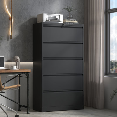 5 Drawer Metal Lateral File Cabinet With Lock, Black Antique Style, Increases Office Orderliness, Fits Multiple Sizes Lockable 5 Filing In Black, Decoration Aspect, Stores Legal/Letter/A4/F4 Size,
