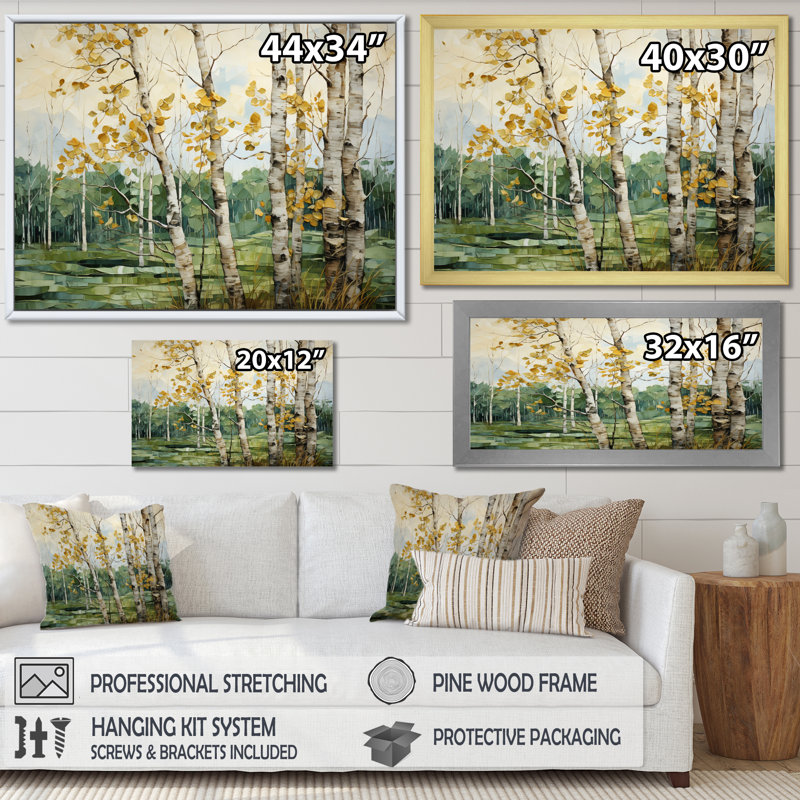 «Birch Tree Whispers Landscape I», reproduction sur toile, Cadre flottant blanc, H 12 po x l 20 po x P 1 po