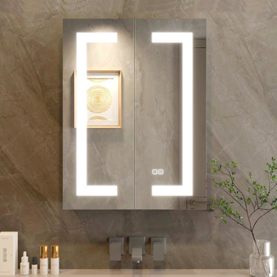32"24" Bathroom Medicine Cabinet Mirror With Led - Dimmable 3 Color Temperatures, Fog, Adjustable Shelf, 2 Doors, Sockets, , Silver Brilliance Lighted, Dimmable, Shelves, Elegant Design