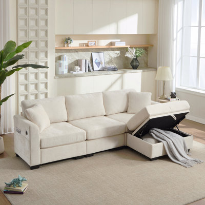 Modern Storage Sofa With Dual Usb, 2 Side Pockets,Ottoman Storage Bench Cloud Sectional Chenille Sofa Oversized,4-Seat, L-Shaped Couch,Beige