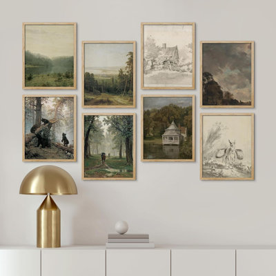 «Vintage Forest Lake Landscape Sketches Art Morning In A Pine Forest», reproduction d'art encadrée sur papier, 8 pièces