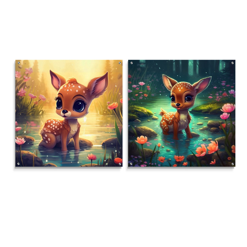 Mignon bébé cerf I - ensemble de 2 peintures murales en acrylique, H 36 po x l 73 po