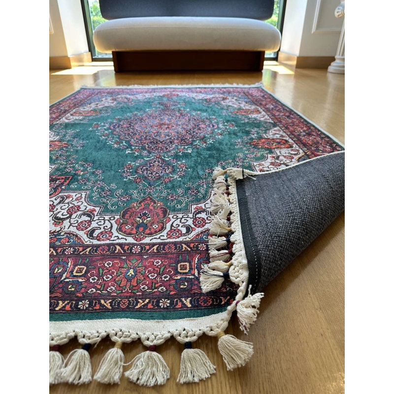 Coton imprimé vert oriental vert Toscana Tapis chenille antidérapant, Rectangle 3 pi 11 po x 12 pi 5 po