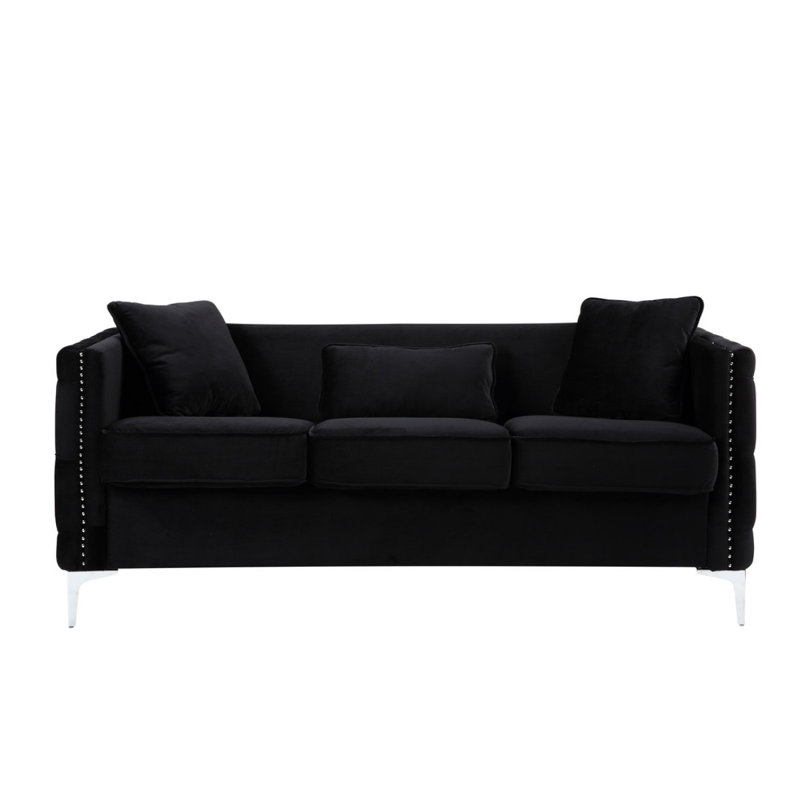 Canapé en velours noir 73 po avec 3 coussins Belluno