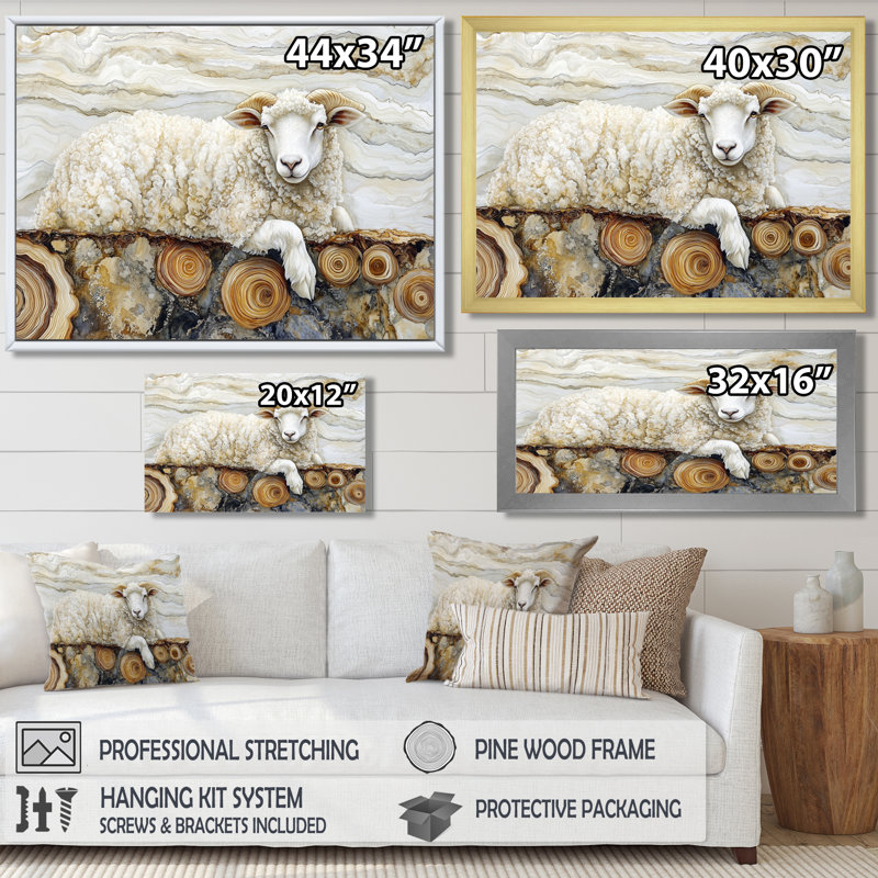 Drislane doré marbré une rivière en bois - art mural de moutons pour le salon, Reproduction encadrée d'une seule photo, Blanc