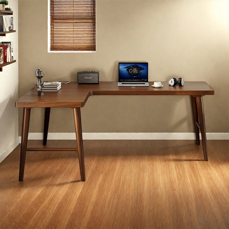 Nut-Brown L Shape Solid wood pine wood Desk, 29.53" H x 55.12" W x 39.37" D