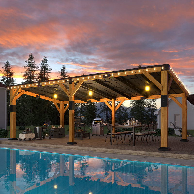 24' W x 12' D Cedar Wood Double Carport with Sloped Galvanized Steel Roof, All-Season Outdoor Vehicle Shelter