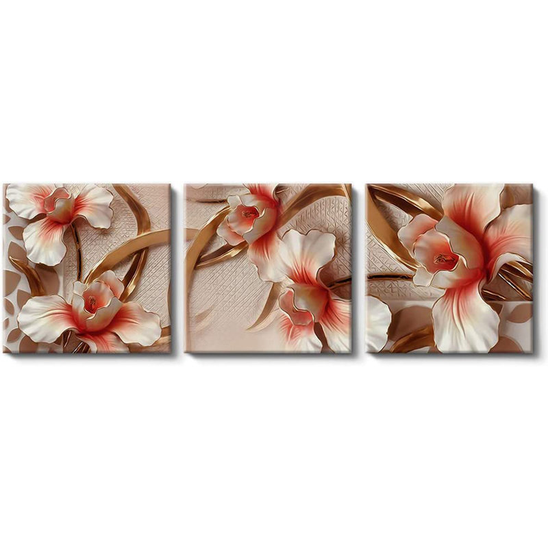 Bordé de fleurs - peinture sur toile tendue 3 pièces, H 12 po x l 36 po x P 1,5 po