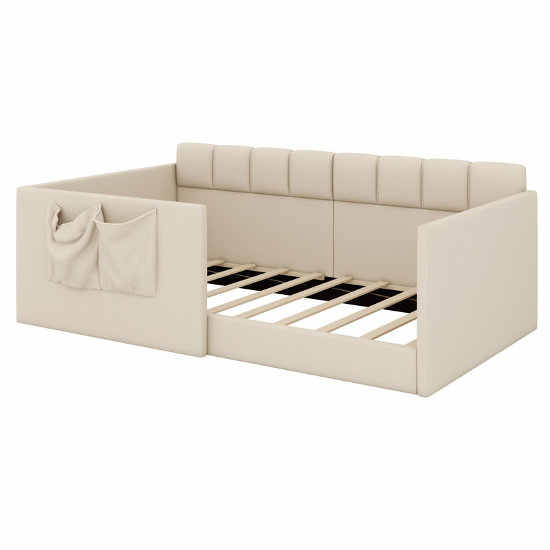 Lit de jour rembourré Comfort avec panneaux latéraux hauts, entrée latérale et poches de rangement, Lit simple, Beige