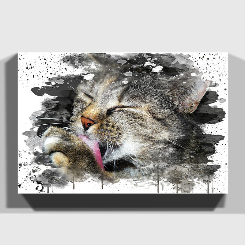 Cat Licking Its Paw - Wall Art, 50cm H x 76cm W, Wrapped Canvas
