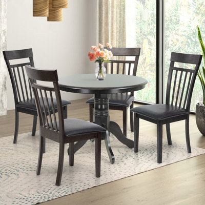 5 Piece Dining Table Set, 4 Classic Style Solid Wood Warm Chairs with Pedestal Round Dining Table, Kitchen Room Set, w PU Leather Cushions