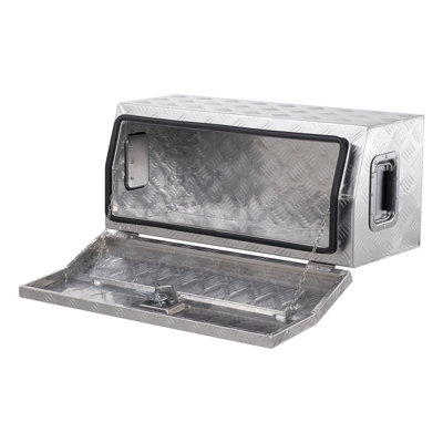 Boîte à outils robuste pour lit de camion en aluminium, boîte à outils plaquée à rayures avec poignée latérale et clés en T, boîte de rangement pour coffre à outils pour remorque, camionnette, lit de camion, véhicule récréatif, 30 po x 13 po x 13 po, argent