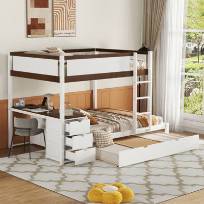 Lit superposé double avec lit gigogne simple, rangement et bureau pour économiser de l'espace et polyvalence