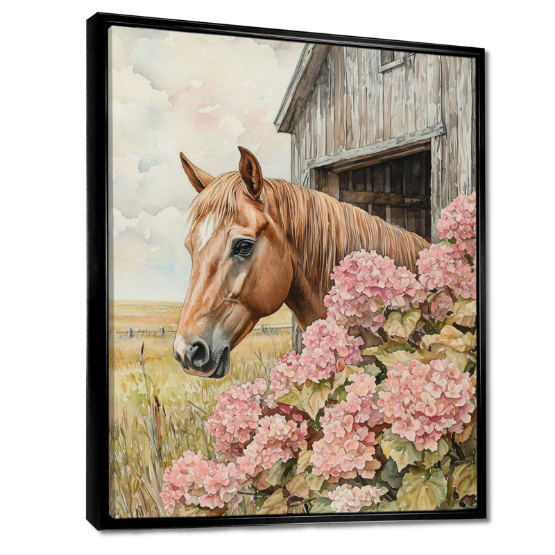 Dova hortensias et chevaux par la grange I - hortensias, reproductions encadrées, H 32 po x l 24 po, Noir