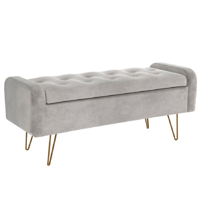 Repose-pieds de rangement rectangulaire en velours avec rangement 39,5 po, Velours gris, Or