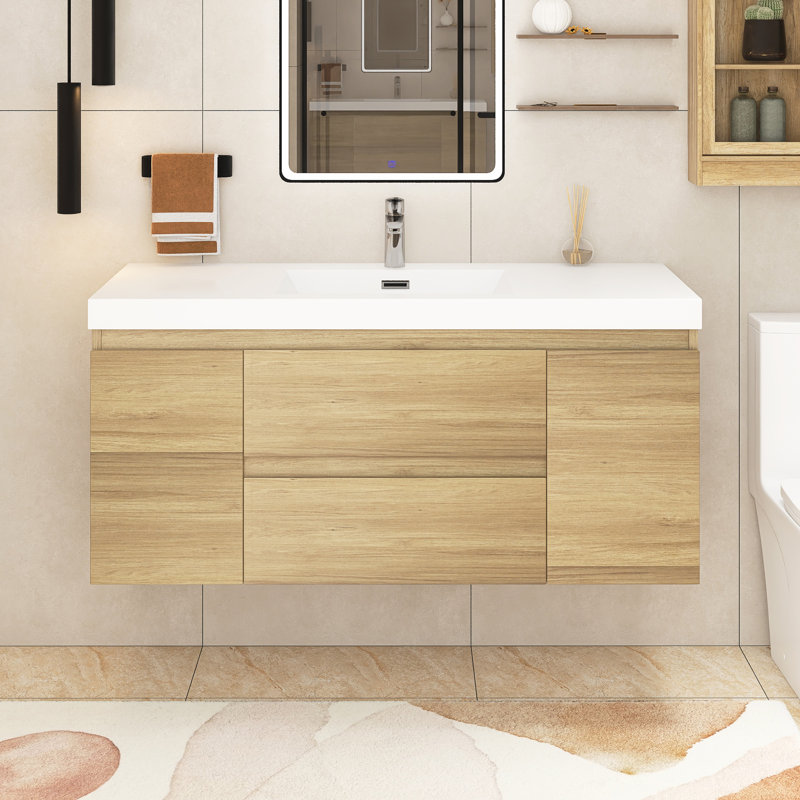Meuble-lavabo simple 47,24 po avec plateau en résine Peadar, Brun