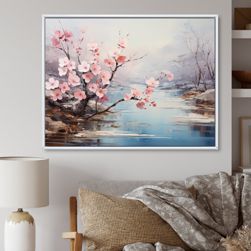 Japan Cherry Blossom Serenity I - Japanese Canvas Art Print, Cadre flottant blanc, 34" H x 44" W