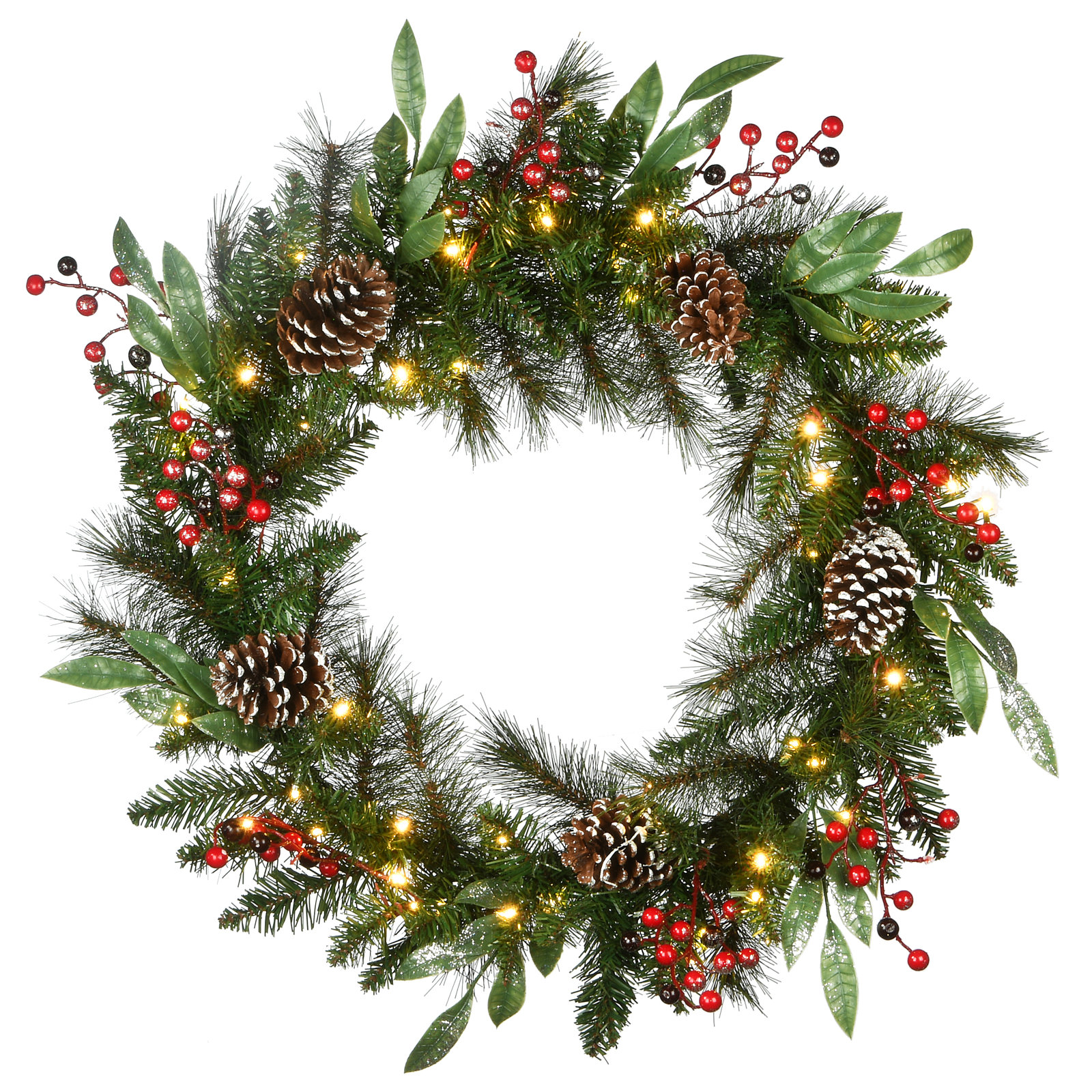 The Holiday Aisle® Frosted Pine Berry Wreath with Battery Operated LED Lights, 30" H x 30" W x 4" D