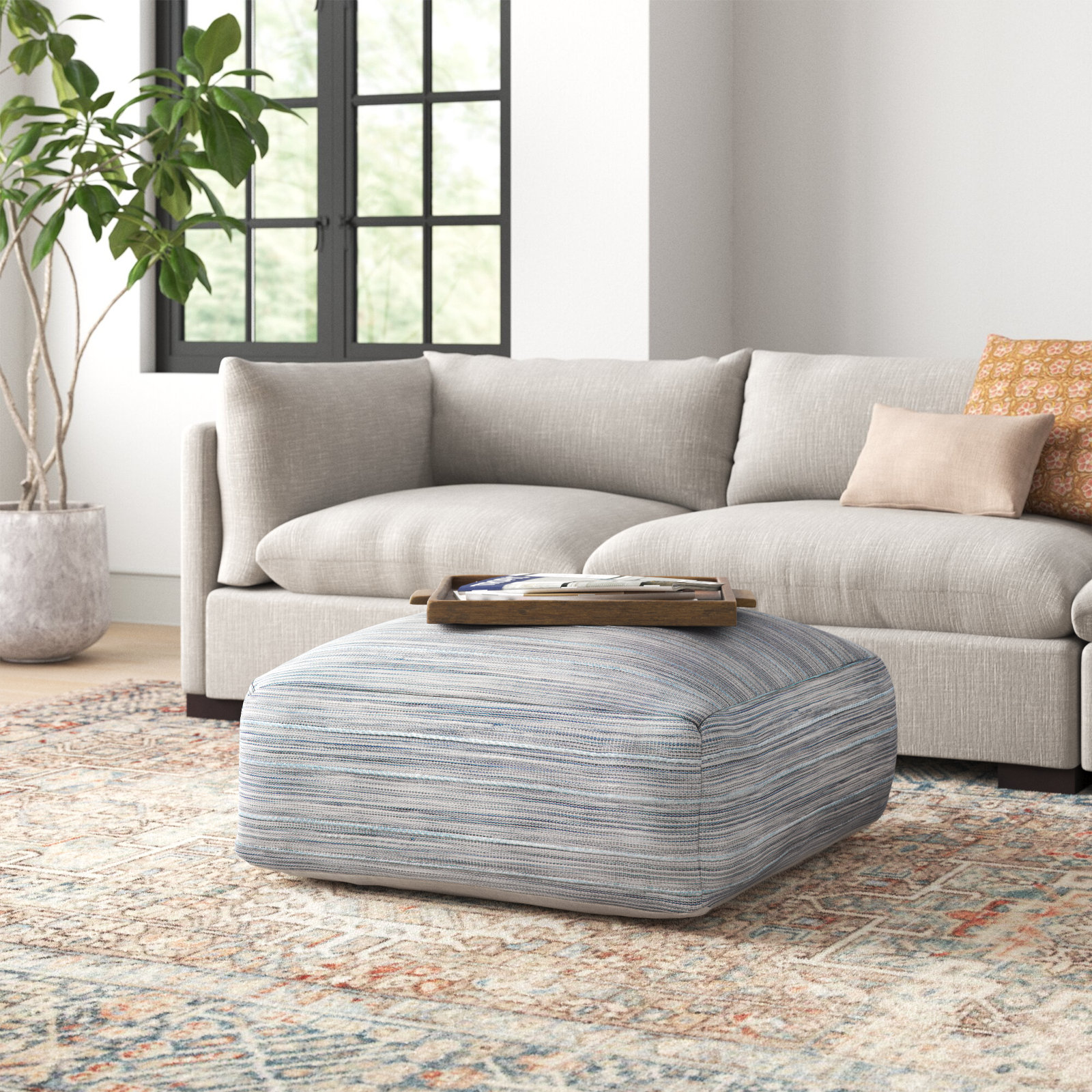 Talya 34" Cotton Upholstered Pouffe, Blue