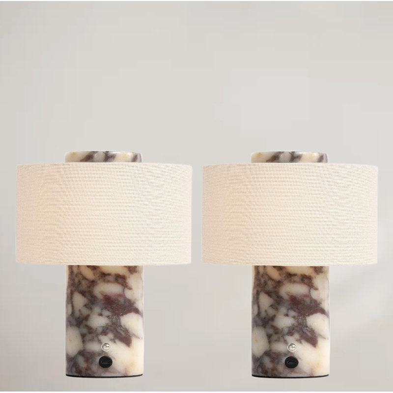 Ensemble de 2 lampes de table en marbre naturel sans fil, à intensité variable, à intensité variable, 3 lumières à DEL avec abat-jour en lin pour bureau de table de chevet