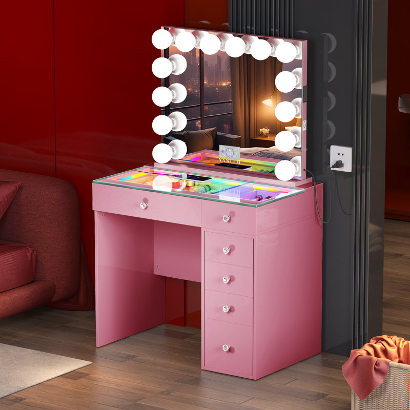 Makeup Vanity Set with LED Lighted Mirror HD Glass Top Built-in RGB Light Strips 6 Drawers, Pink