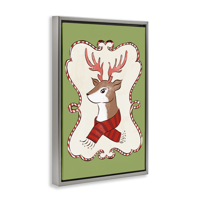 Cerf d'hiver festif dans un cadre flottant écharpe, design par Hannah Moren, H 25 po x l 17 po, Cadre flottant gris lustré