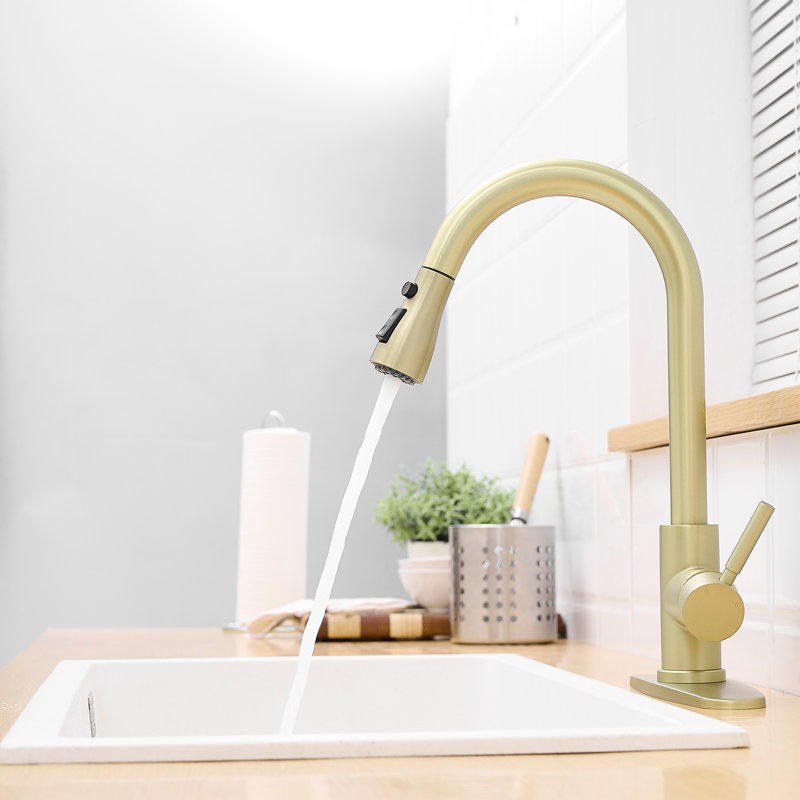 Nickel Gold Kitchen Sink Tap With Deck Plate And Pull-Out , Single Handle, 360 Swiveling, Ceramic Filler, Stainless Steel, Classic Faucet Pull Out Single-Handled, Rotating Spray Plan, Modern Faucets