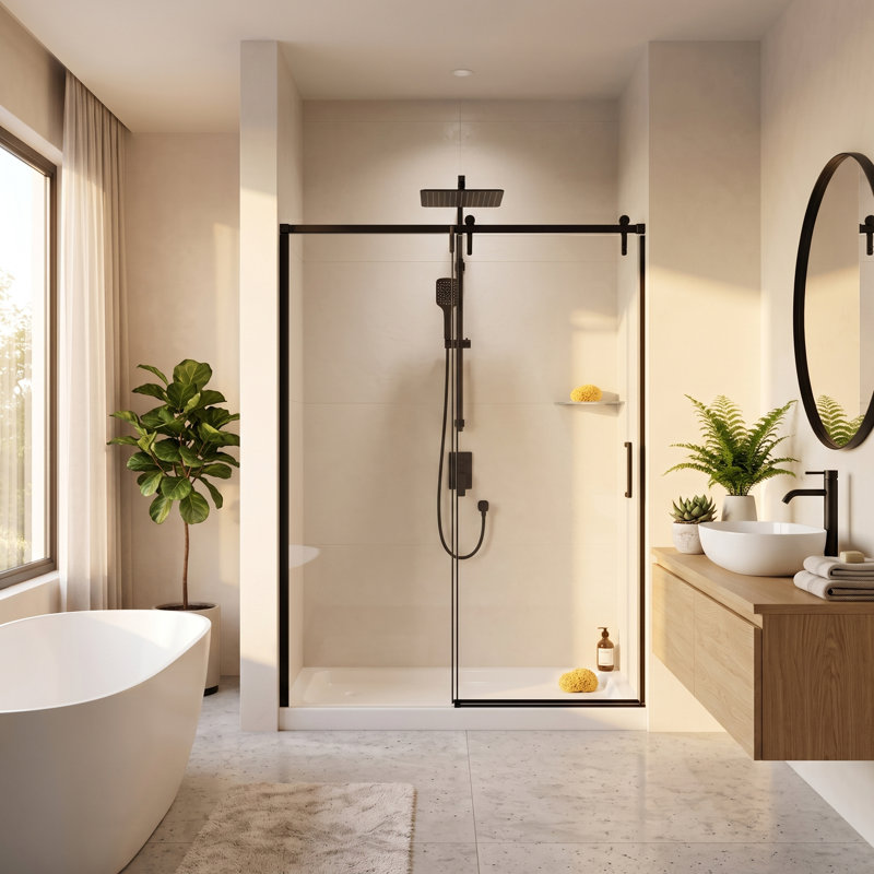 Porte de douche semi-sans cadre H 56 po x l 76 po x 56 po, verre trempé clair de 1/4 po, H 76 po x l 44 à 48 po