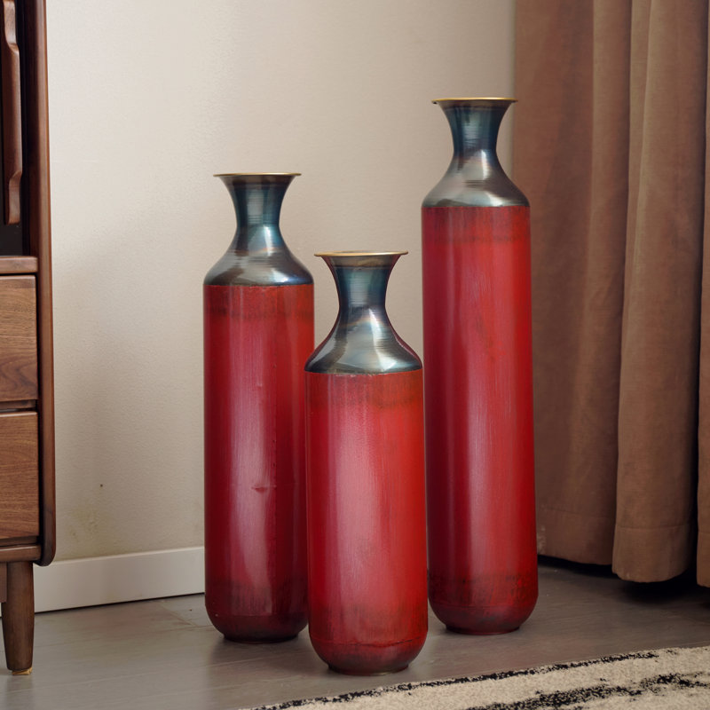 Ensemble de 3 grands vases de plancher rustiques en métal au fini artisanal, texture brûlée à la main pour une décoration de maison de campagne moderne et industrielle (28,35, 24,41, 20,47 pouces)