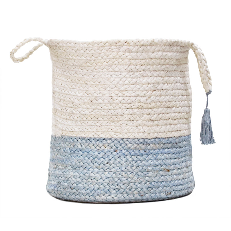 Handmade Natural Jute Relaxed Storage Basket, 19" H x 19" W x 19" D, White/Light Blue