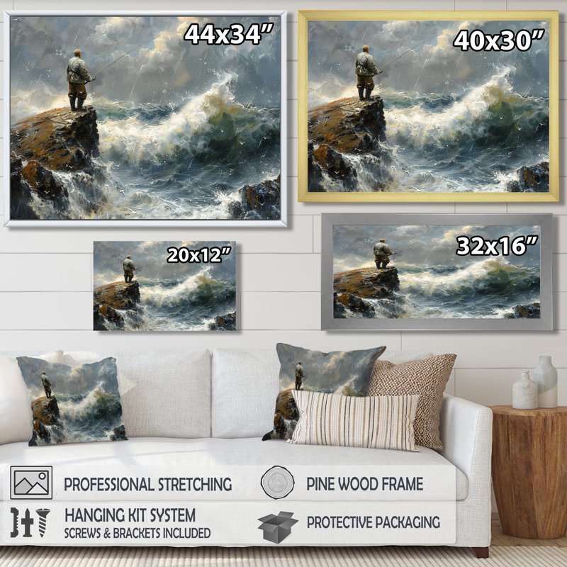 Cliffside Ocean Fishing - Chasse et pêche, art mural, Toile encadrée blanche avec une seule photo